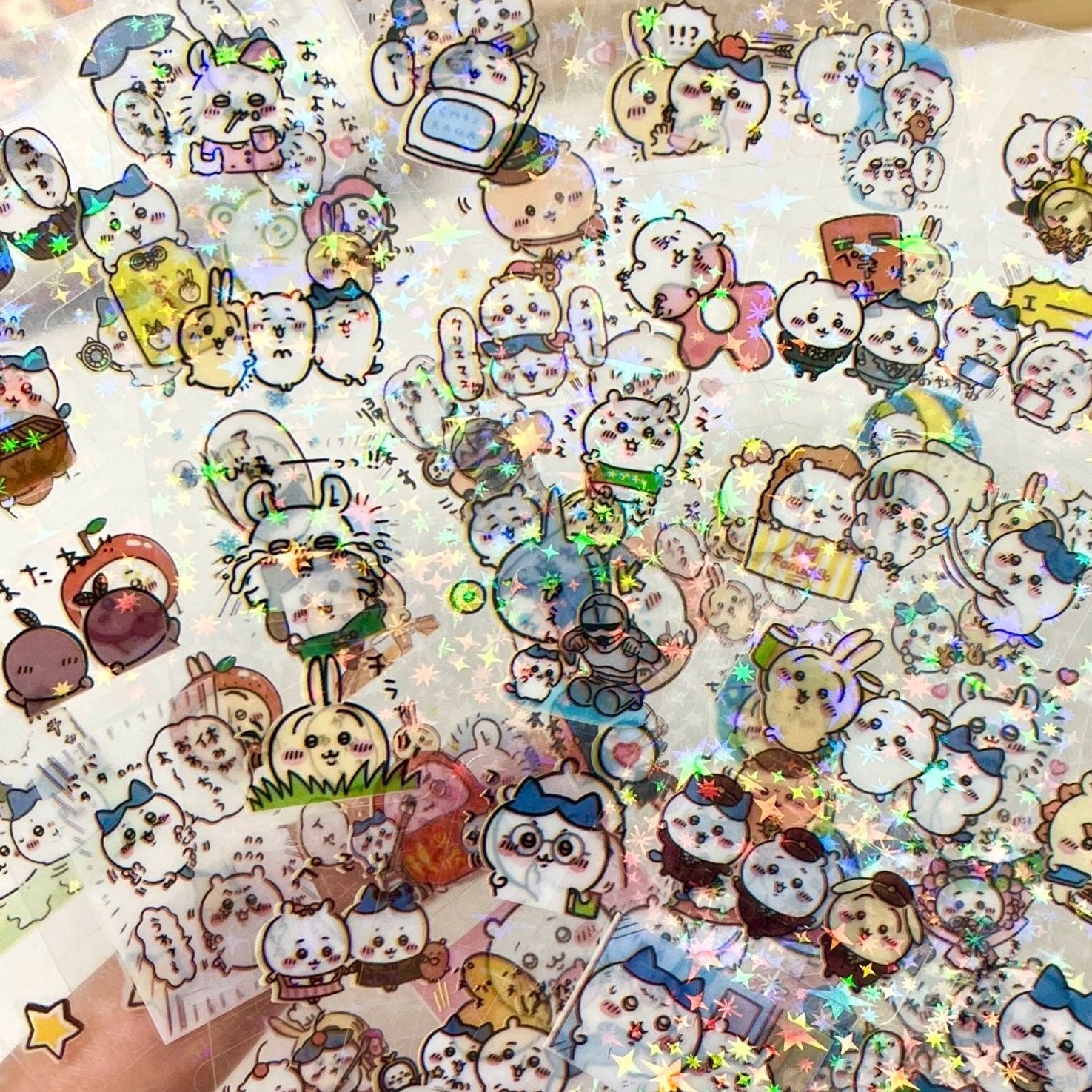 Holographic stickers with cartoon characters on a white background