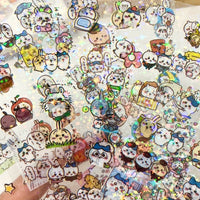 Holographic stickers with cartoon characters on a white background