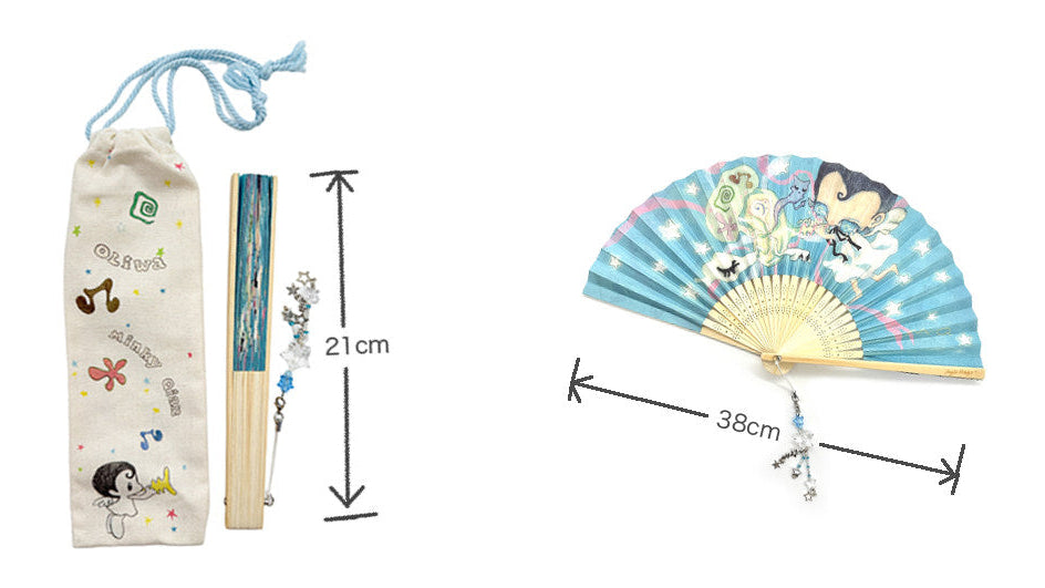 A folding hand fan and its matching fabric pouch shown on a white background, with dimension arrows and labels indicating the fan is 28cm wide and 21cm tall.